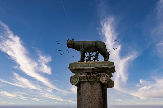 Iconic Capitoline Wolf statue in Rome, Italy, set against a vibrant blue sky with birds in flight.